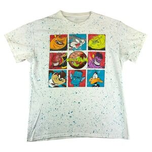 Space Jam Looney Tunes Paint Splatter T Shirt Mens Large White Distressed Faded‎